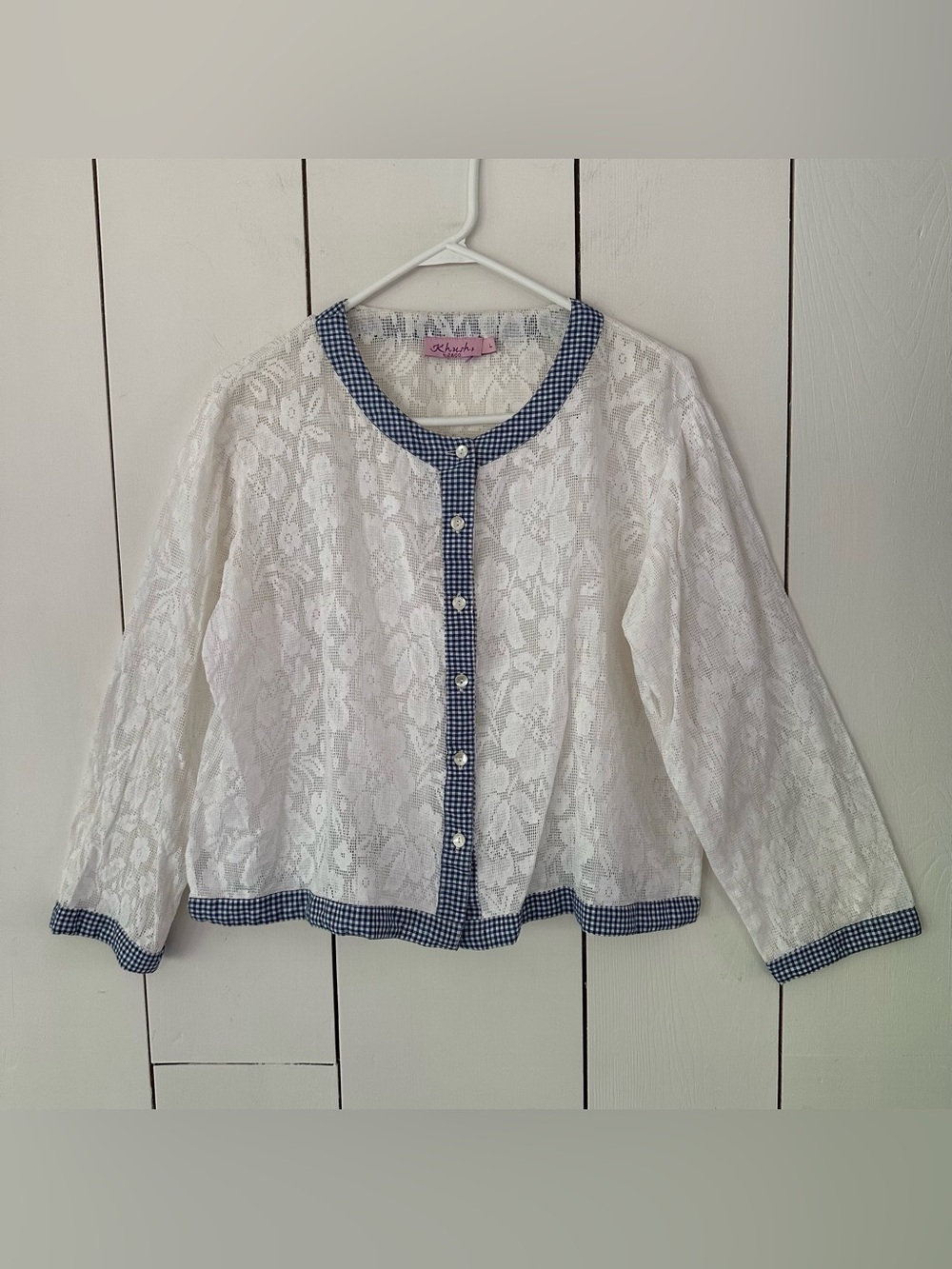 Sheer Doily-Style Lace Floral Button-Up Top Gingham Trim Sz L Cotton